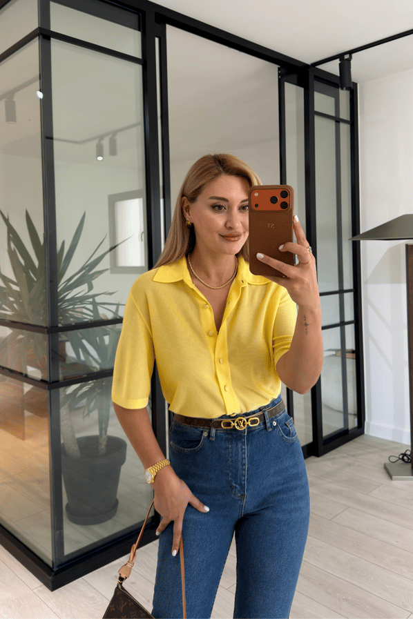 Premium Seri Polo Yaka Düğmeli Sarı İnce Triko BluzSezgi Tekin