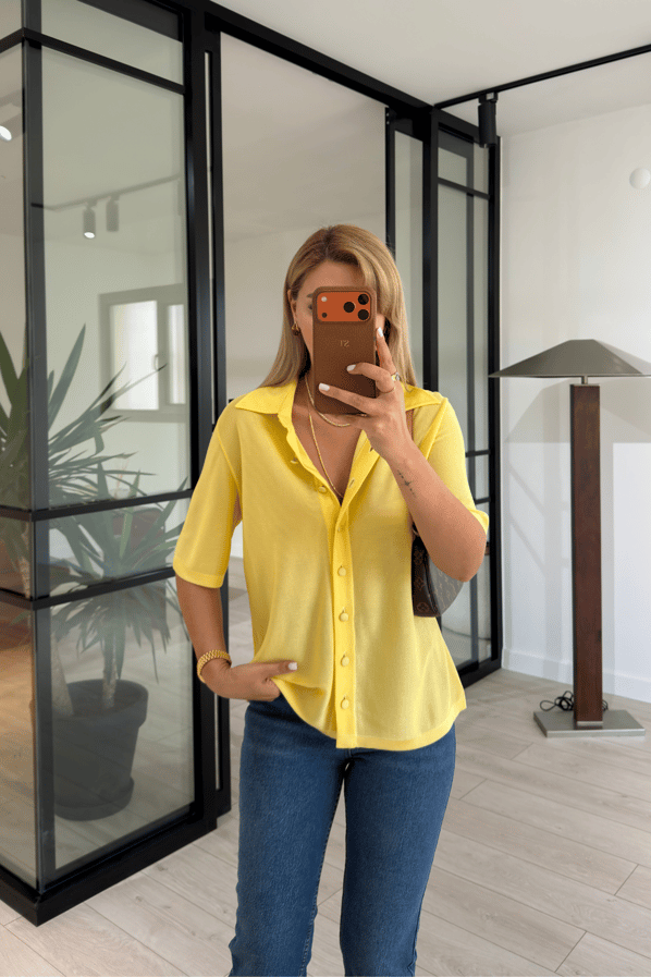 Premium Seri Polo Yaka Düğmeli Sarı İnce Triko BluzSezgi Tekin