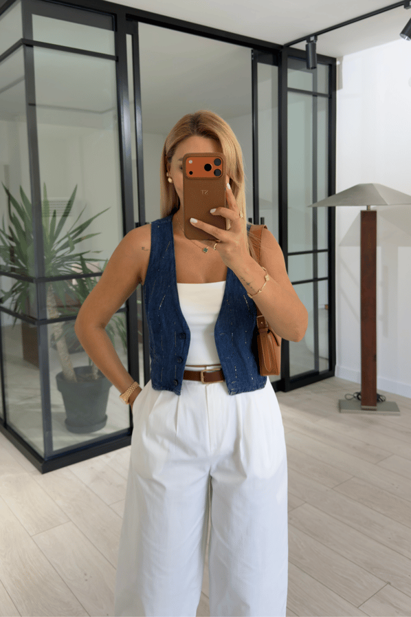 Premium Seri Taş Detay Denim YelekSezgi Tekin