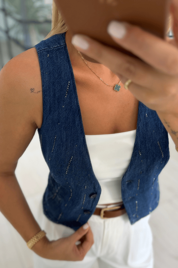 Premium Seri Taş Detay Denim YelekSezgi Tekin