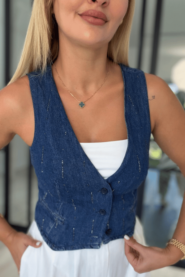 Premium Seri Taş Detay Denim YelekSezgi Tekin