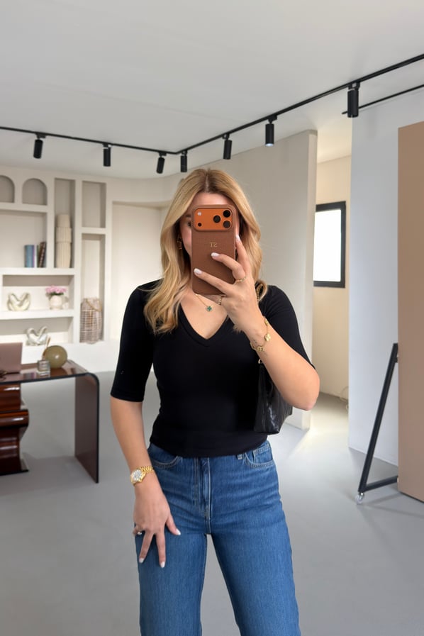 Premium Seri V Yaka Yarım Kol Siyah Basic BluzSezgi Tekin