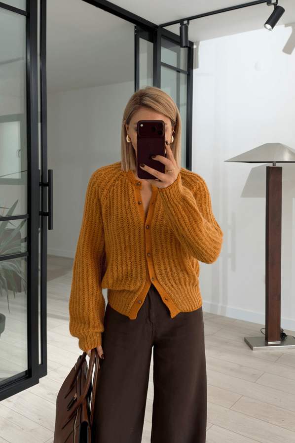 Premium Seri Vintage Düğmeli Hardal Selanik HırkaSezgi Tekin