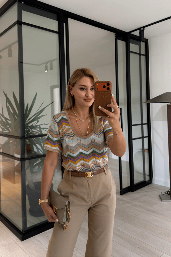 Premium Seri Zikzak Desenli Ajurlu Simli Triko BluzSezgi Tekin