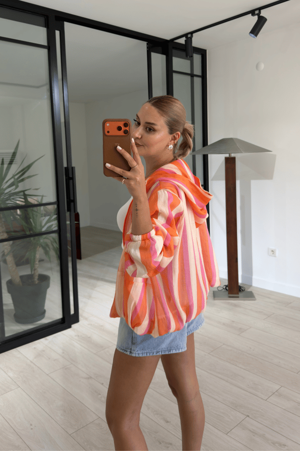 Renk Bloklu Kapüşonlu Orange YağmurlukSezgi Tekin