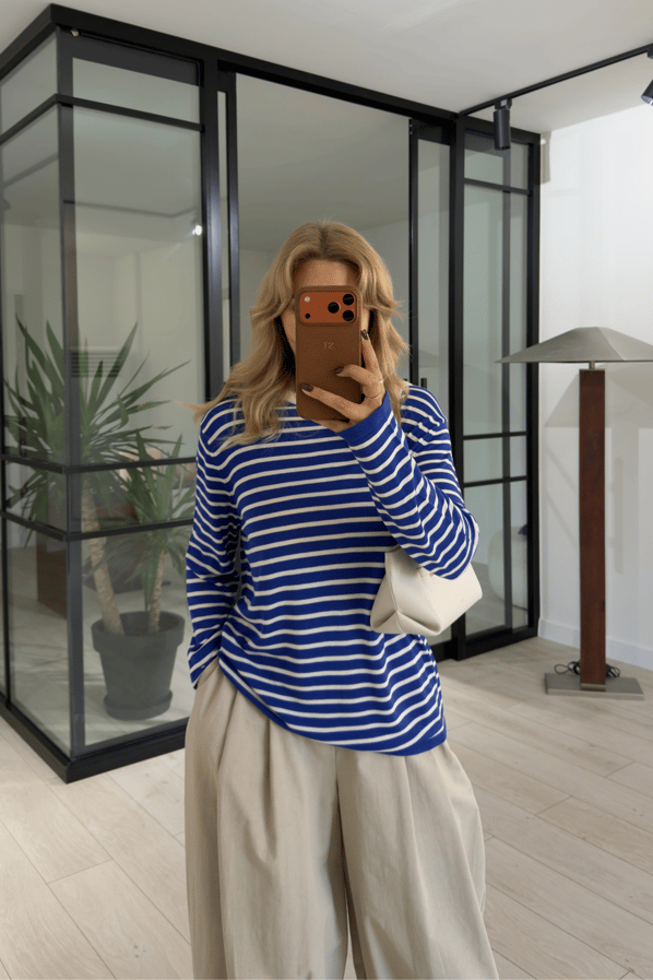 Saks-Ekru Çizgili Oversize Triko BluzSezgi Tekin