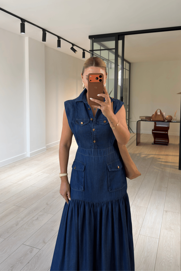 T Kol Körük Cepli Tensel Denim Lacivert Maxi Elbise  Sezgi Tekin