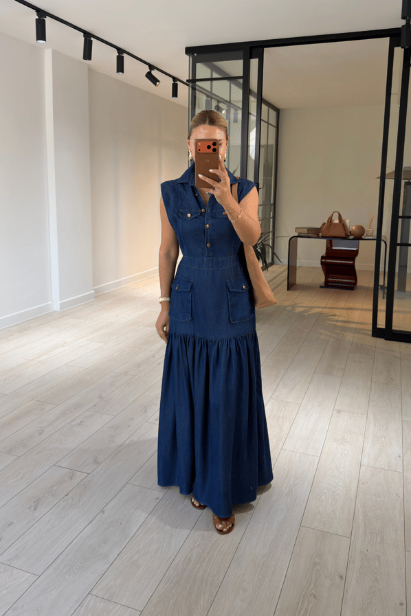 T Kol Körük Cepli Tensel Denim Lacivert Maxi Elbise  Sezgi Tekin