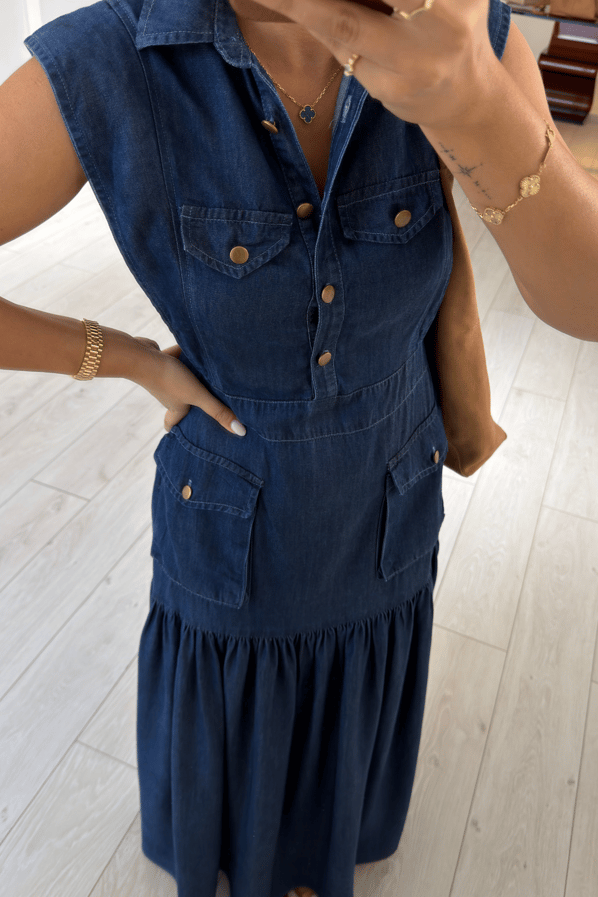 T Kol Körük Cepli Tensel Denim Lacivert Maxi Elbise  Sezgi Tekin