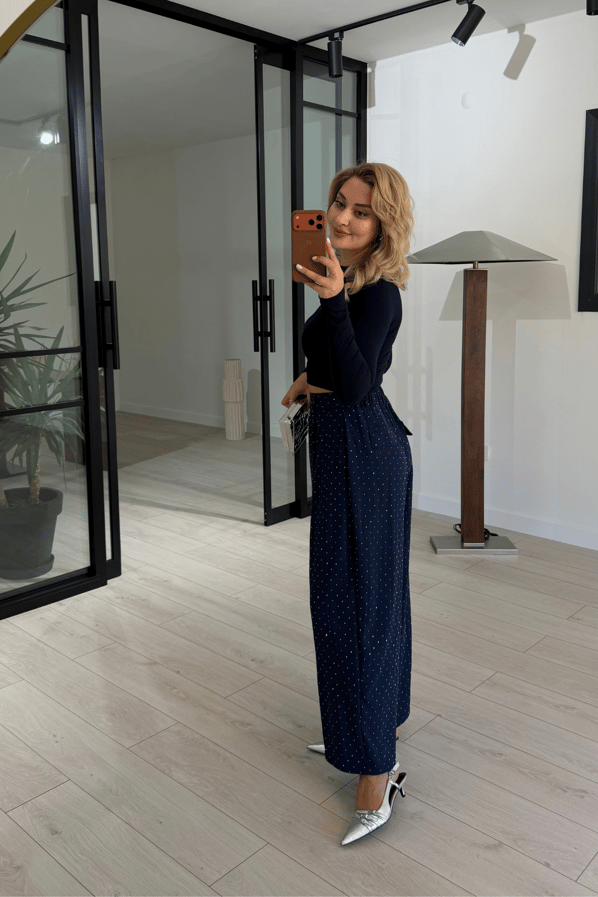 Taş Detaylı Lacivert Slouchy PantolonSezgi Tekin