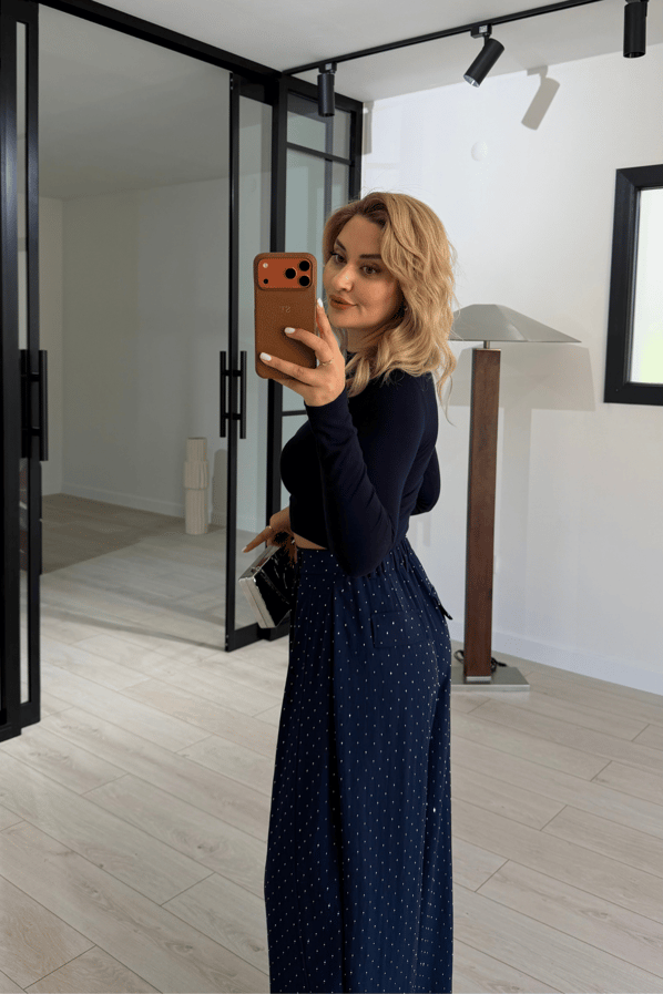 Taş Detaylı Lacivert Slouchy PantolonSezgi Tekin