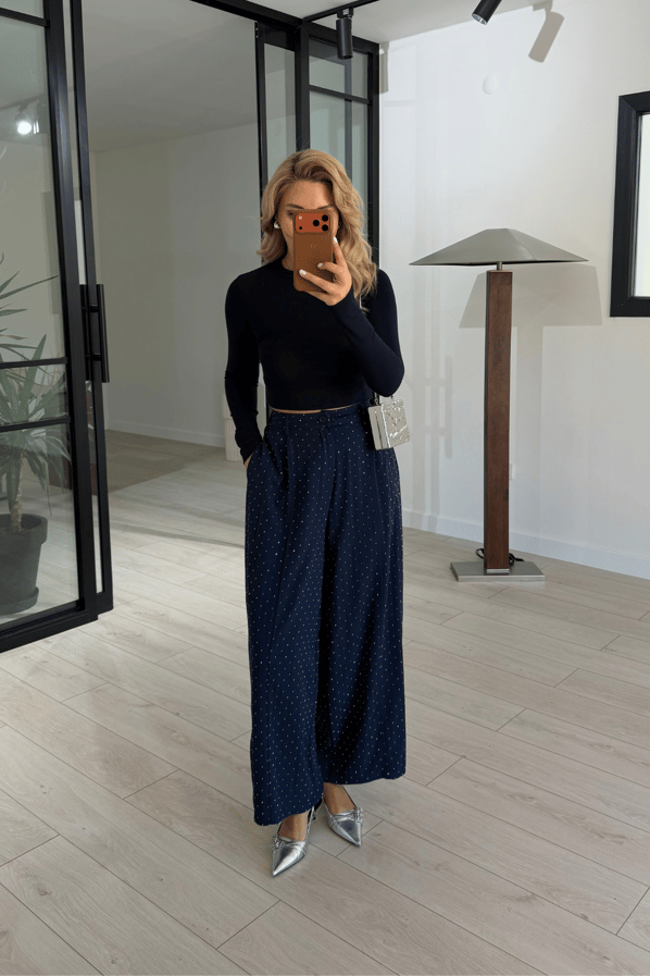 Taş Detaylı Lacivert Slouchy PantolonSezgi Tekin