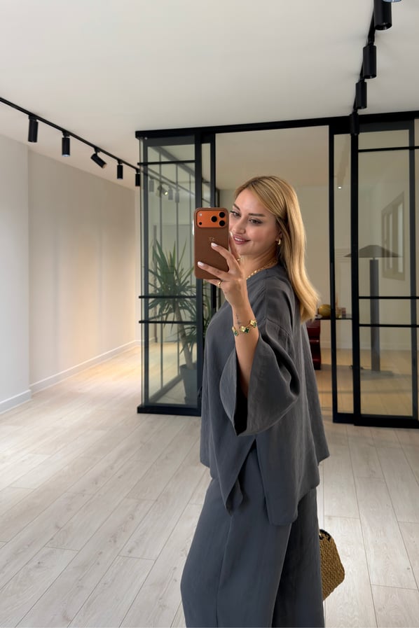 Tek Düğmeli Gömlek/Slouchy Pantolon Antrasit Tensel Modal TakımSezgi Tekin