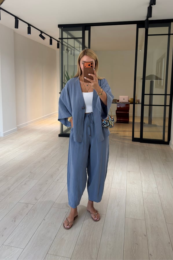 Tek Düğmeli Gömlek/Slouchy Pantolon İndigo Tensel Modal TakımSezgi Tekin