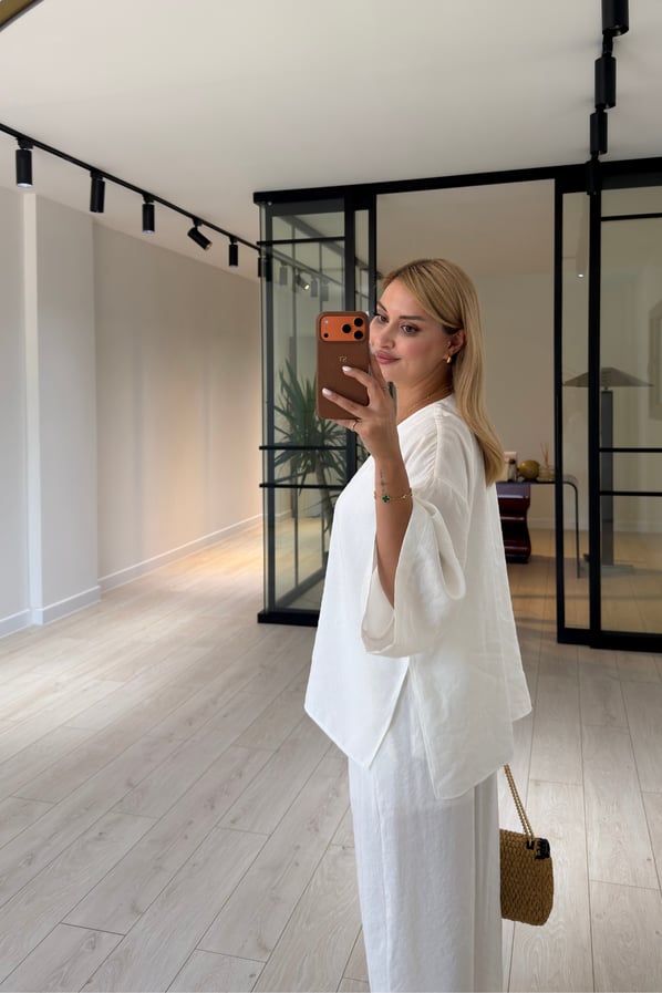 Tek Düğmeli Gömlek/Slouchy Pantolon Ekru Tensel Modal TakımSezgi Tekin