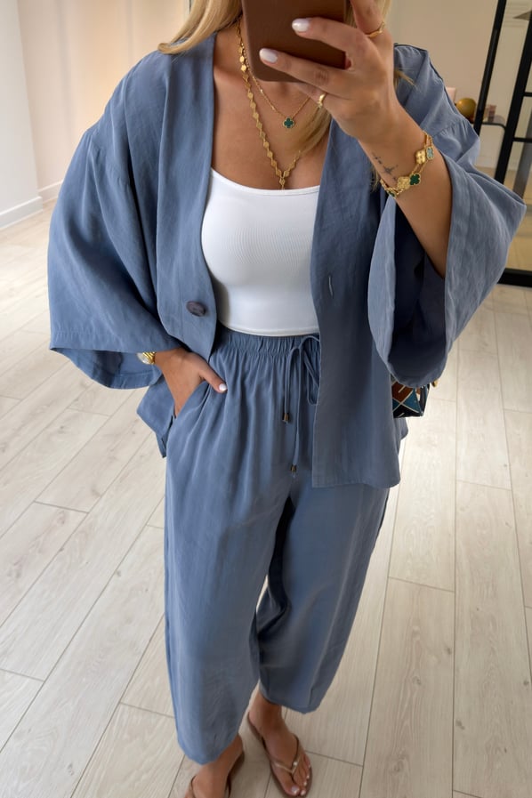 Tek Düğmeli Gömlek/Slouchy Pantolon İndigo Tensel Modal TakımSezgi Tekin