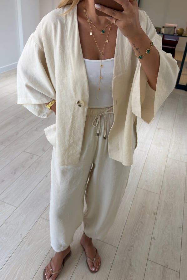Tek Düğmeli Gömlek/Slouchy Pantolon Vanilya Tensel Modal TakımSezgi Tekin