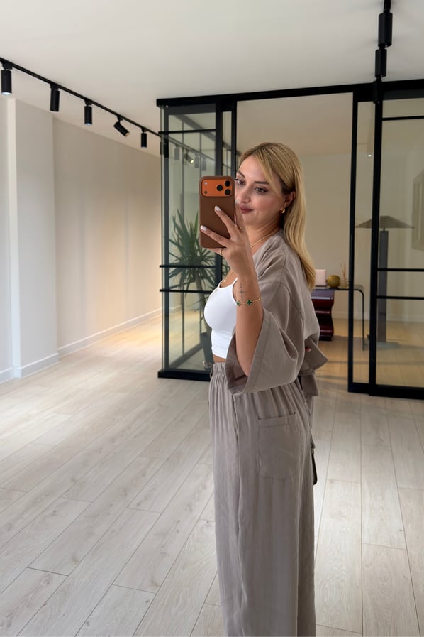 Tek Düğmeli Gömlek/Slouchy Pantolon Vizon Tensel Modal TakımSezgi Tekin