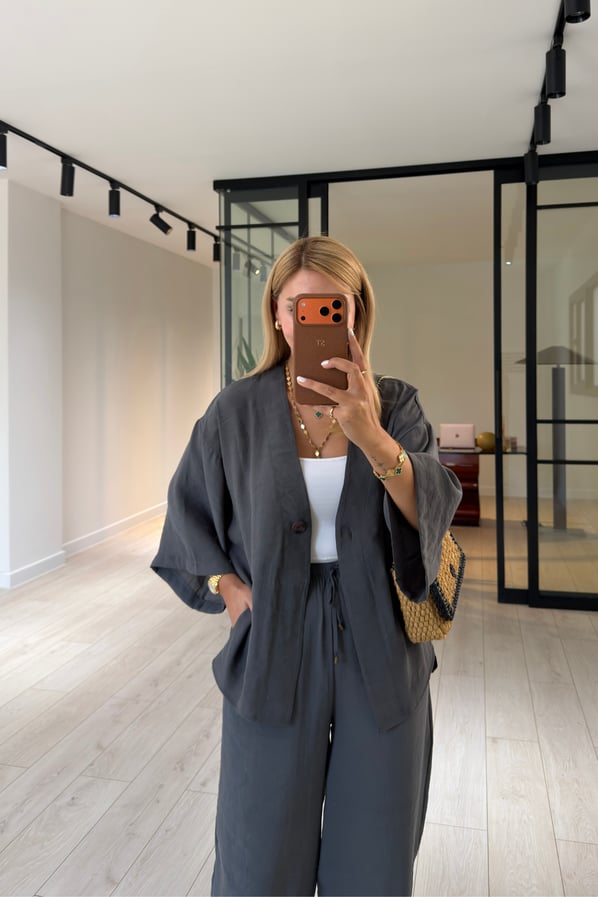 Tek Düğmeli Gömlek/Slouchy Pantolon Antrasit Tensel Modal TakımSezgi Tekin