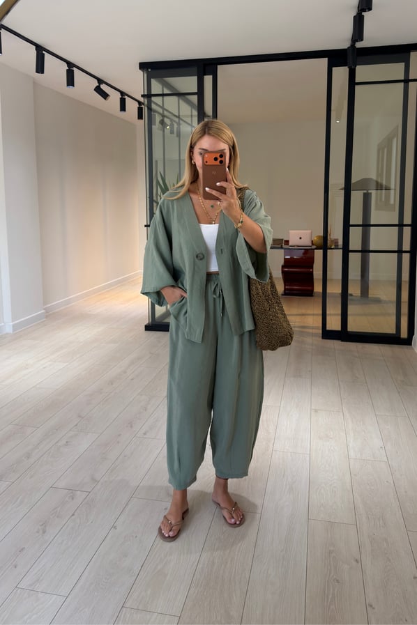 Tek Düğmeli Gömlek/Slouchy Pantolon Haki Tensel Modal TakımSezgi Tekin