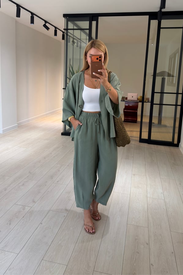 Tek Düğmeli Gömlek/Slouchy Pantolon Haki Tensel Modal TakımSezgi Tekin