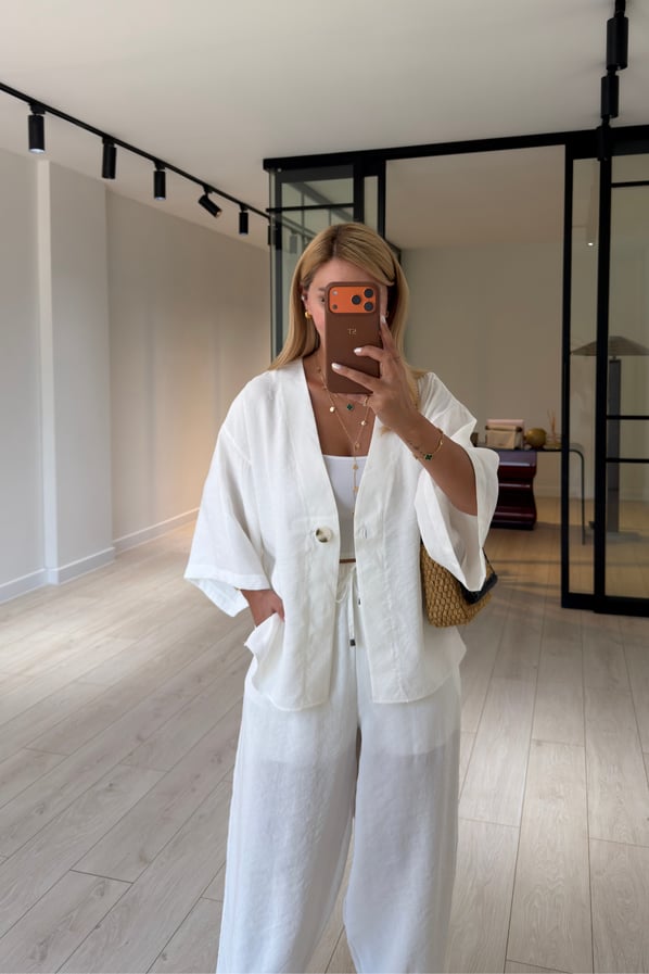 Tek Düğmeli Gömlek/Slouchy Pantolon Ekru Tensel Modal TakımSezgi Tekin