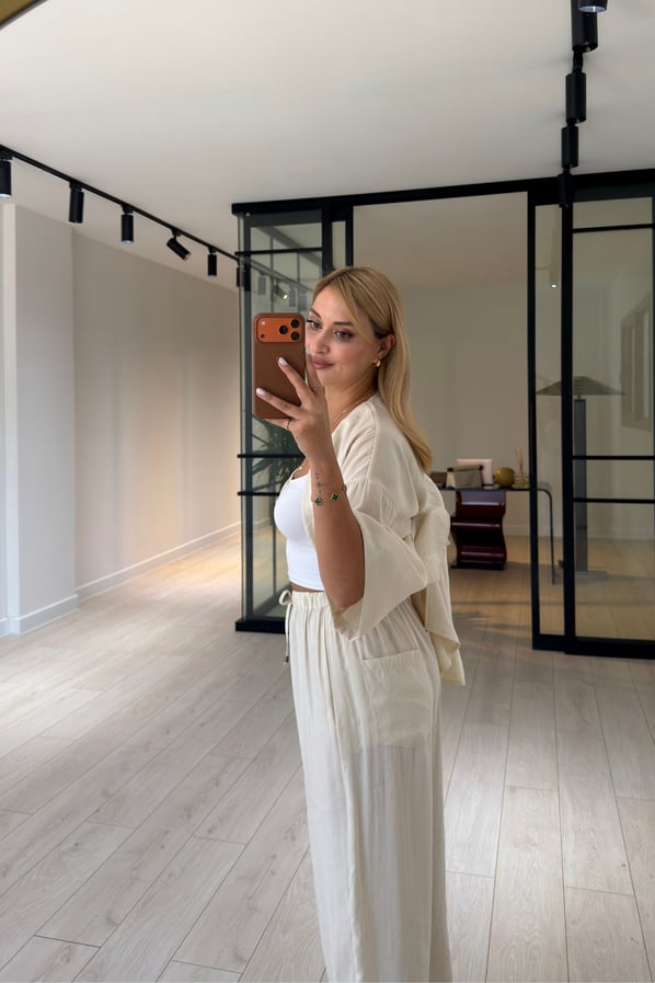 Tek Düğmeli Gömlek/Slouchy Pantolon Vanilya Tensel Modal TakımSezgi Tekin