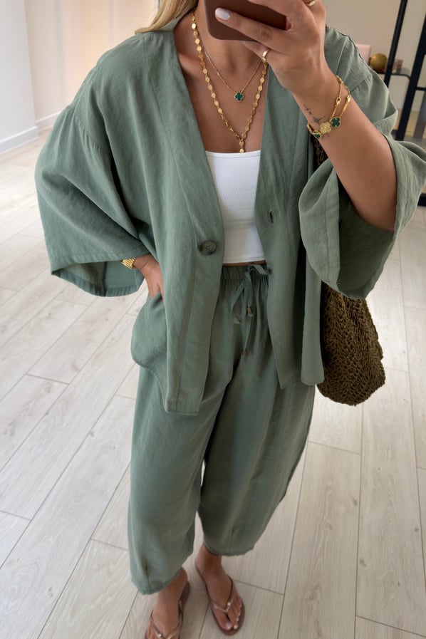 Tek Düğmeli Gömlek/Slouchy Pantolon Haki Tensel Modal TakımSezgi Tekin