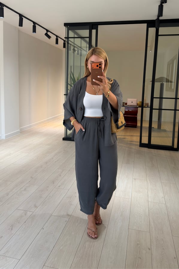 Tek Düğmeli Gömlek/Slouchy Pantolon Antrasit Tensel Modal TakımSezgi Tekin