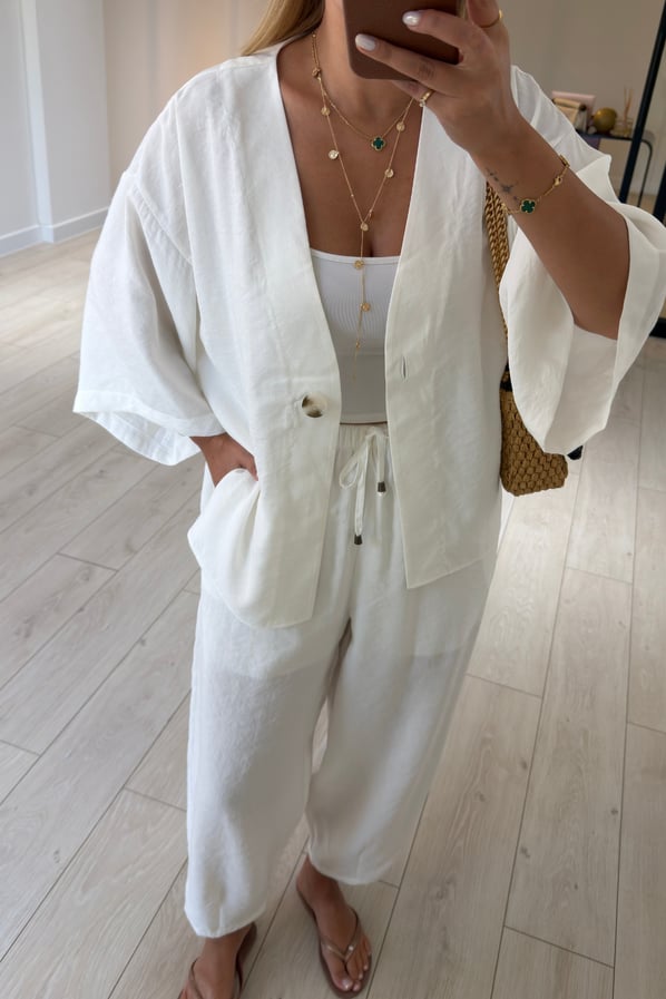 Tek Düğmeli Gömlek/Slouchy Pantolon Ekru Tensel Modal TakımSezgi Tekin