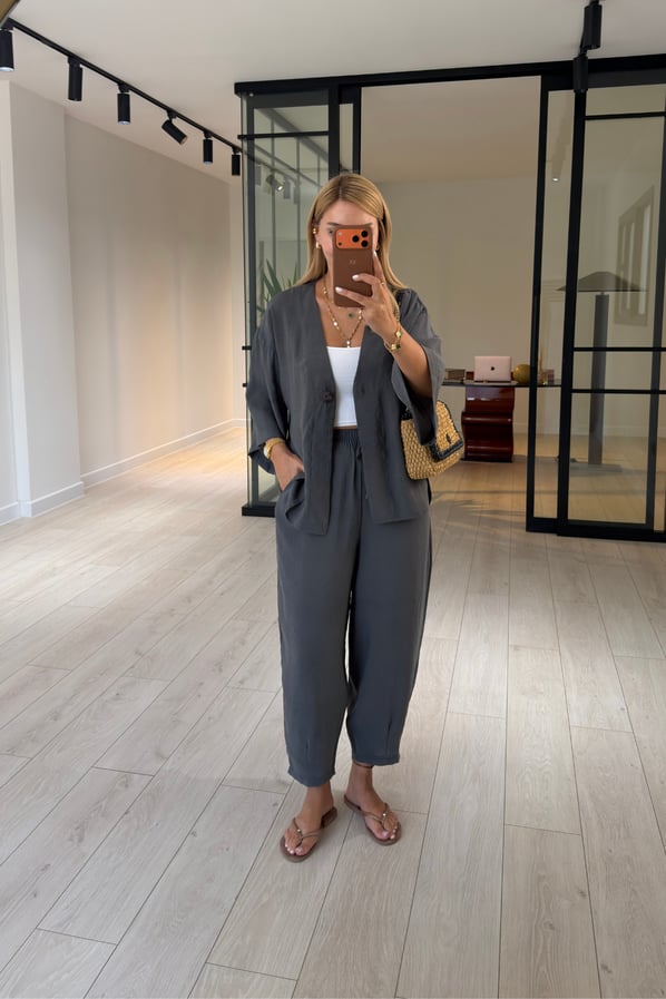 Tek Düğmeli Gömlek/Slouchy Pantolon Antrasit Tensel Modal TakımSezgi Tekin