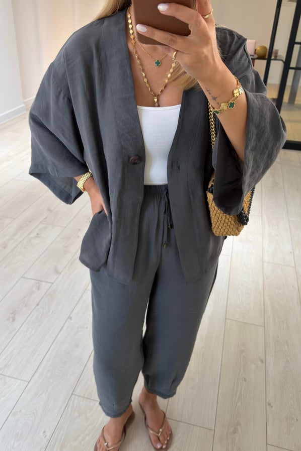 Tek Düğmeli Gömlek/Slouchy Pantolon Antrasit Tensel Modal TakımSezgi Tekin