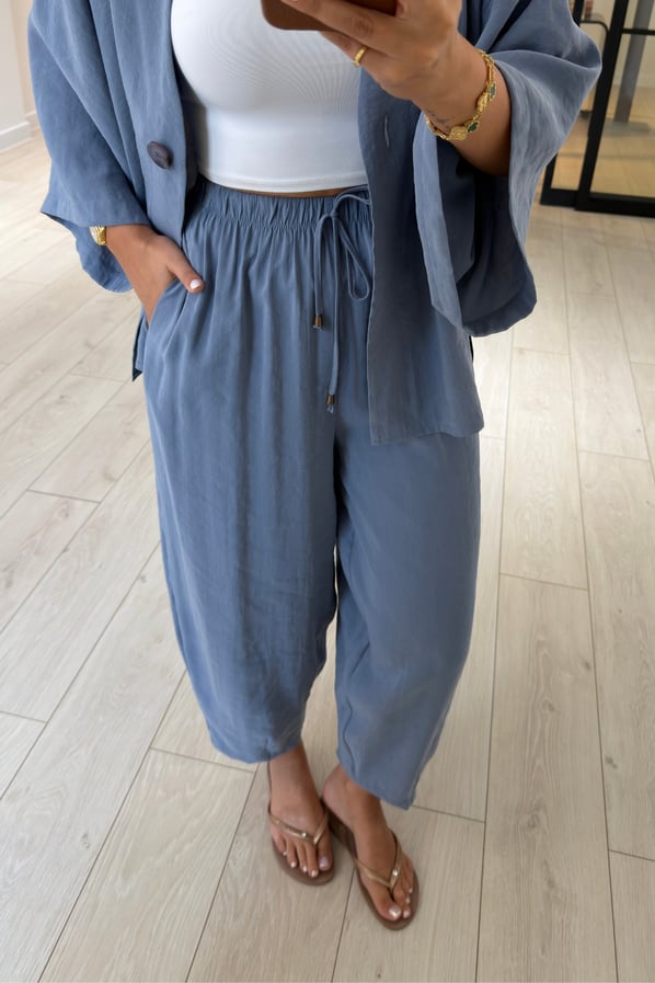 Tek Düğmeli Gömlek/Slouchy Pantolon İndigo Tensel Modal TakımSezgi Tekin