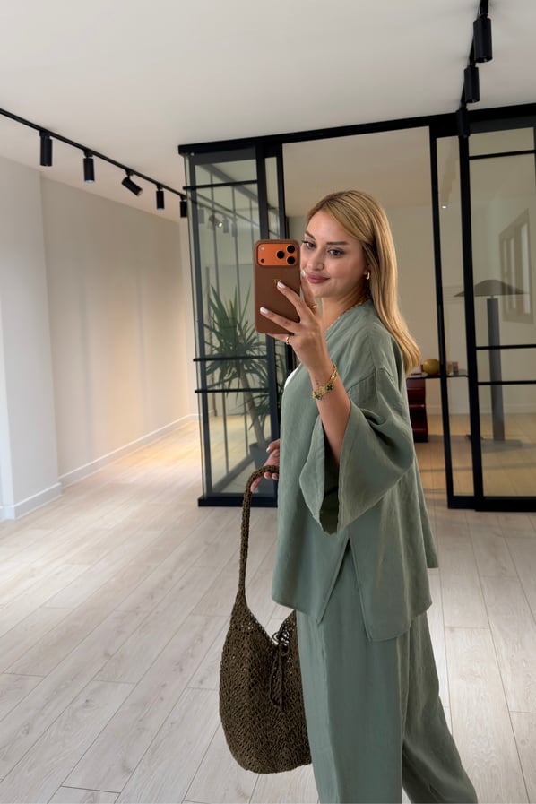 Tek Düğmeli Gömlek/Slouchy Pantolon Haki Tensel Modal TakımSezgi Tekin