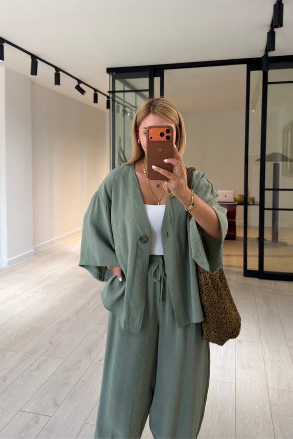 Tek Düğmeli Gömlek/Slouchy Pantolon Haki Tensel Modal TakımSezgi Tekin