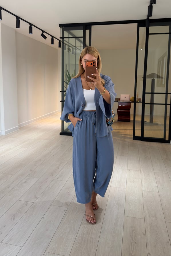 Tek Düğmeli Gömlek/Slouchy Pantolon İndigo Tensel Modal TakımSezgi Tekin