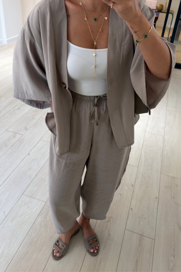 Tek Düğmeli Gömlek/Slouchy Pantolon Vizon Tensel Modal TakımSezgi Tekin
