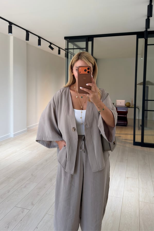 Tek Düğmeli Gömlek/Slouchy Pantolon Vizon Tensel Modal TakımSezgi Tekin