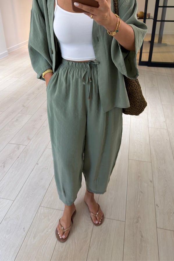 Tek Düğmeli Gömlek/Slouchy Pantolon Haki Tensel Modal TakımSezgi Tekin