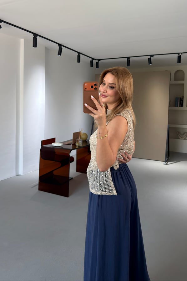 Tensel Modal Beli Lastikli Lacivert Bol PantolonSezgi Tekin