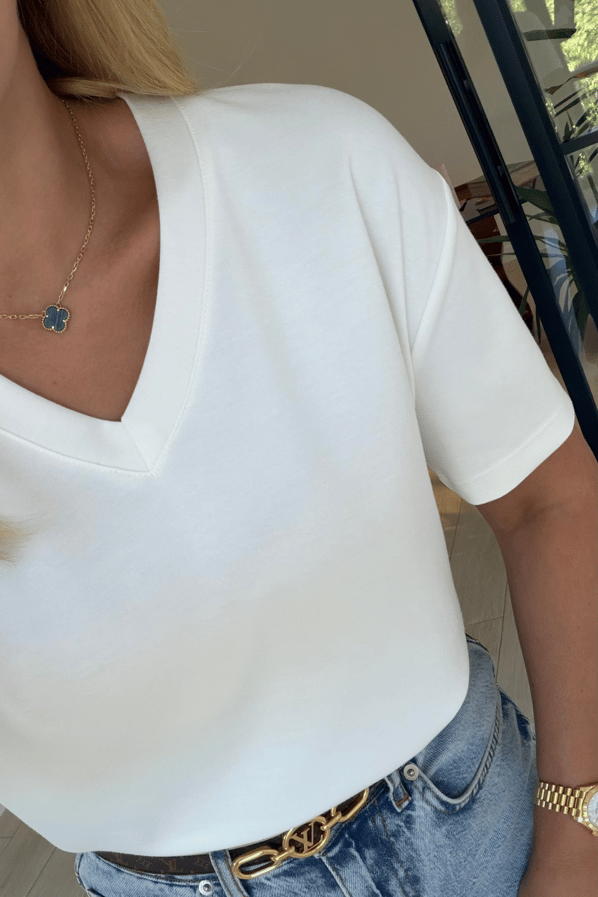 V Yaka Ekru Tok Modal Basic TshirtSezgi Tekin