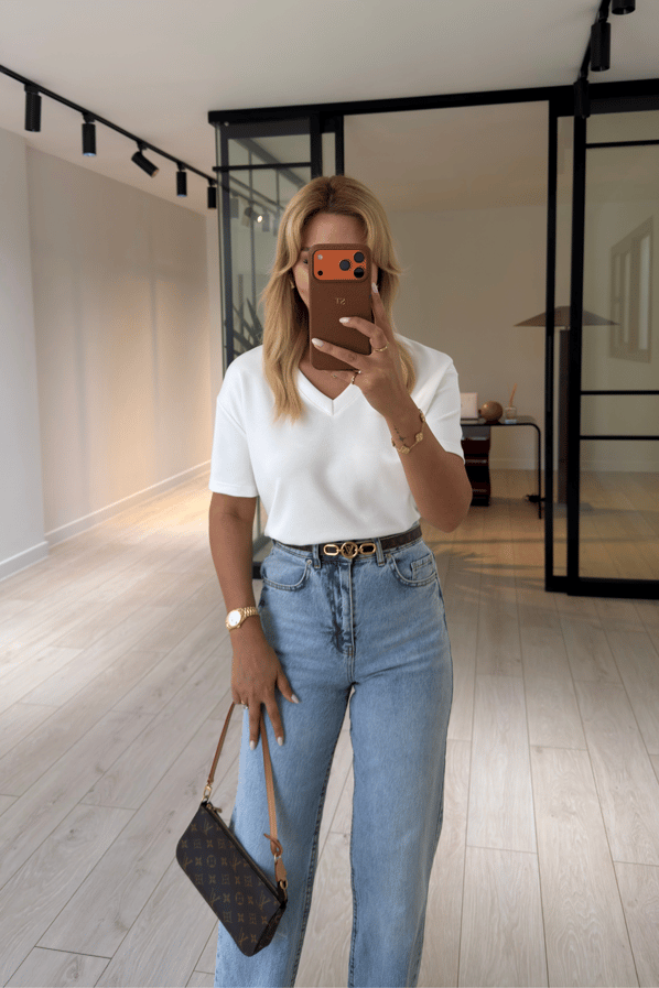 V Yaka Ekru Tok Modal Basic TshirtSezgi Tekin