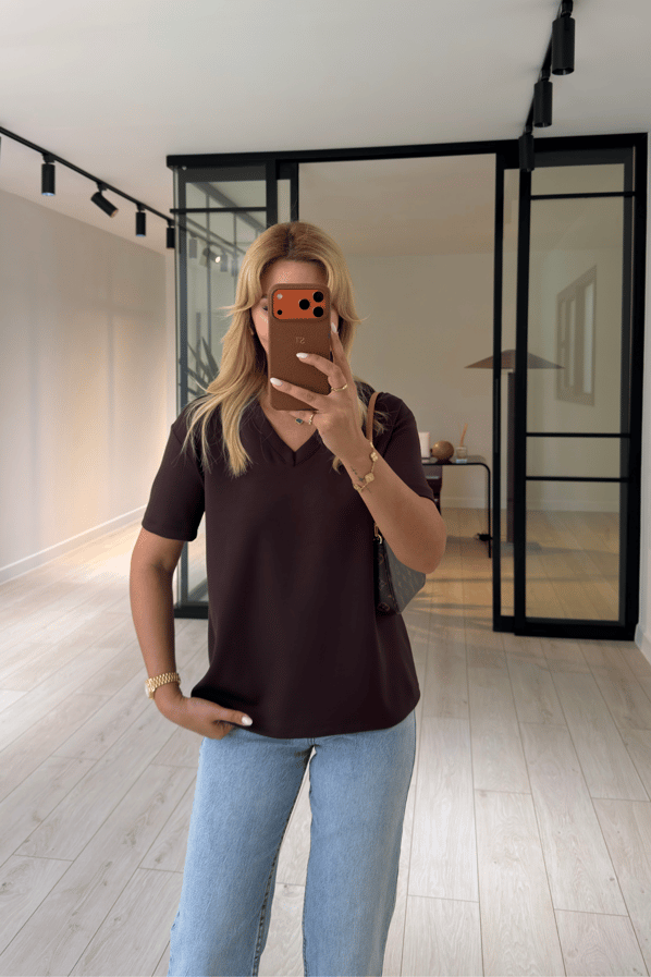 V Yaka Kahve Tok Modal Basic TshirtSezgi Tekin