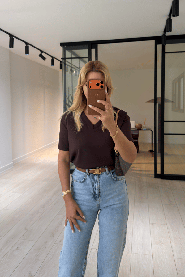 V Yaka Kahve Tok Modal Basic TshirtSezgi Tekin