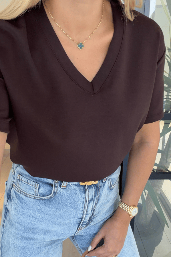 V Yaka Kahve Tok Modal Basic TshirtSezgi Tekin