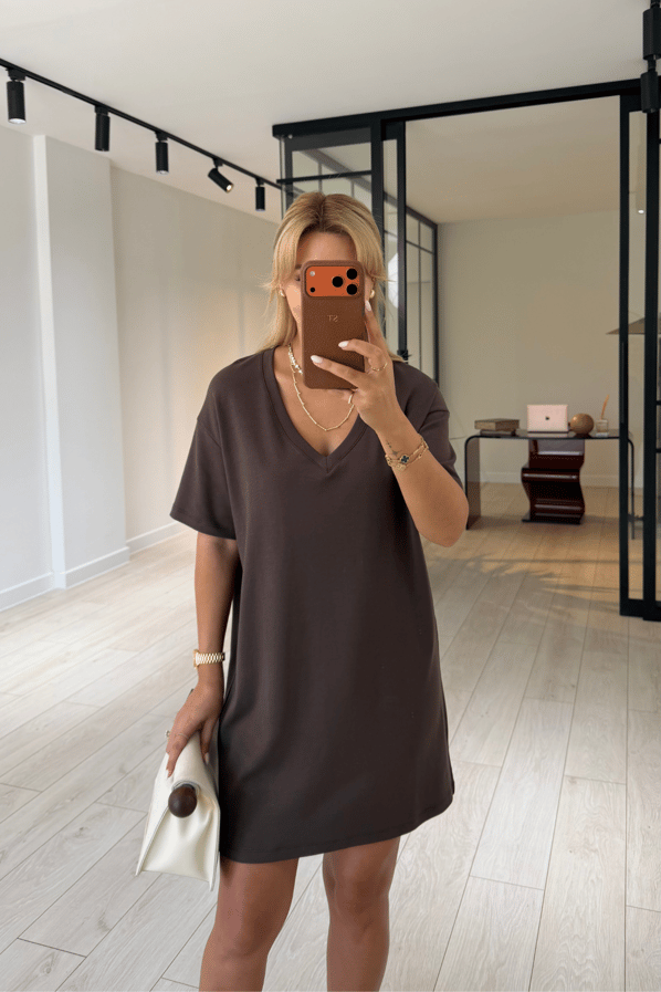 V Yaka Oversize Kahve Modal ElbiseSezgi Tekin