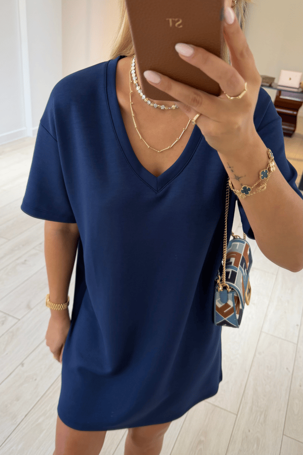 V Yaka Oversize Lacivert Modal ElbiseSezgi Tekin