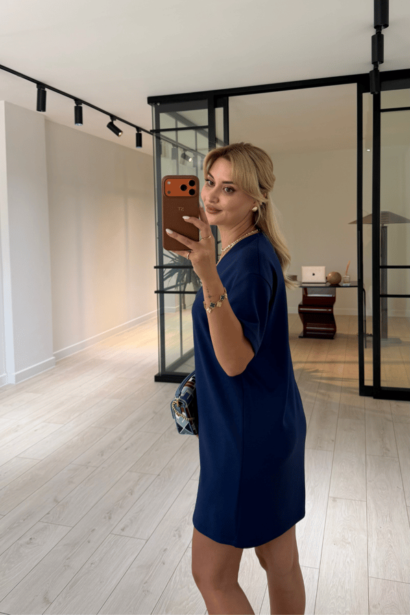 V Yaka Oversize Lacivert Modal ElbiseSezgi Tekin