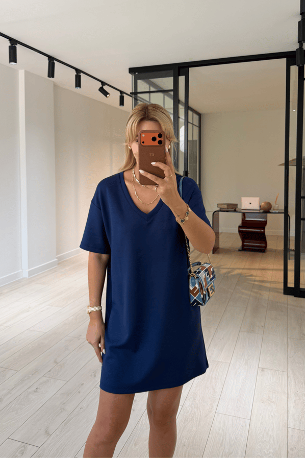 V Yaka Oversize Lacivert Modal ElbiseSezgi Tekin