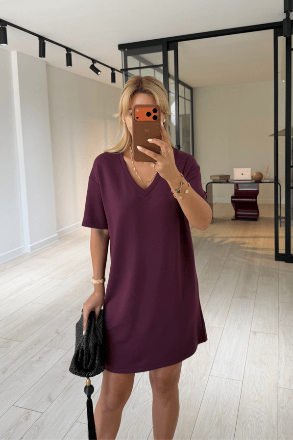 V Yaka Oversize Mürdüm Modal ElbiseSezgi Tekin